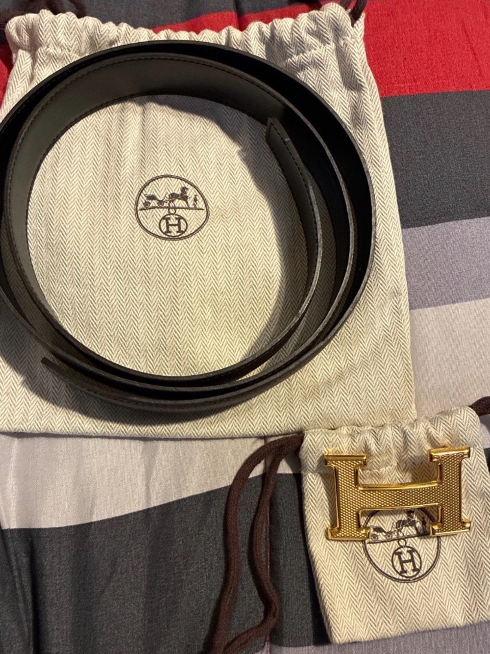 Hermes Black Leather Belt with Gold H Buckle